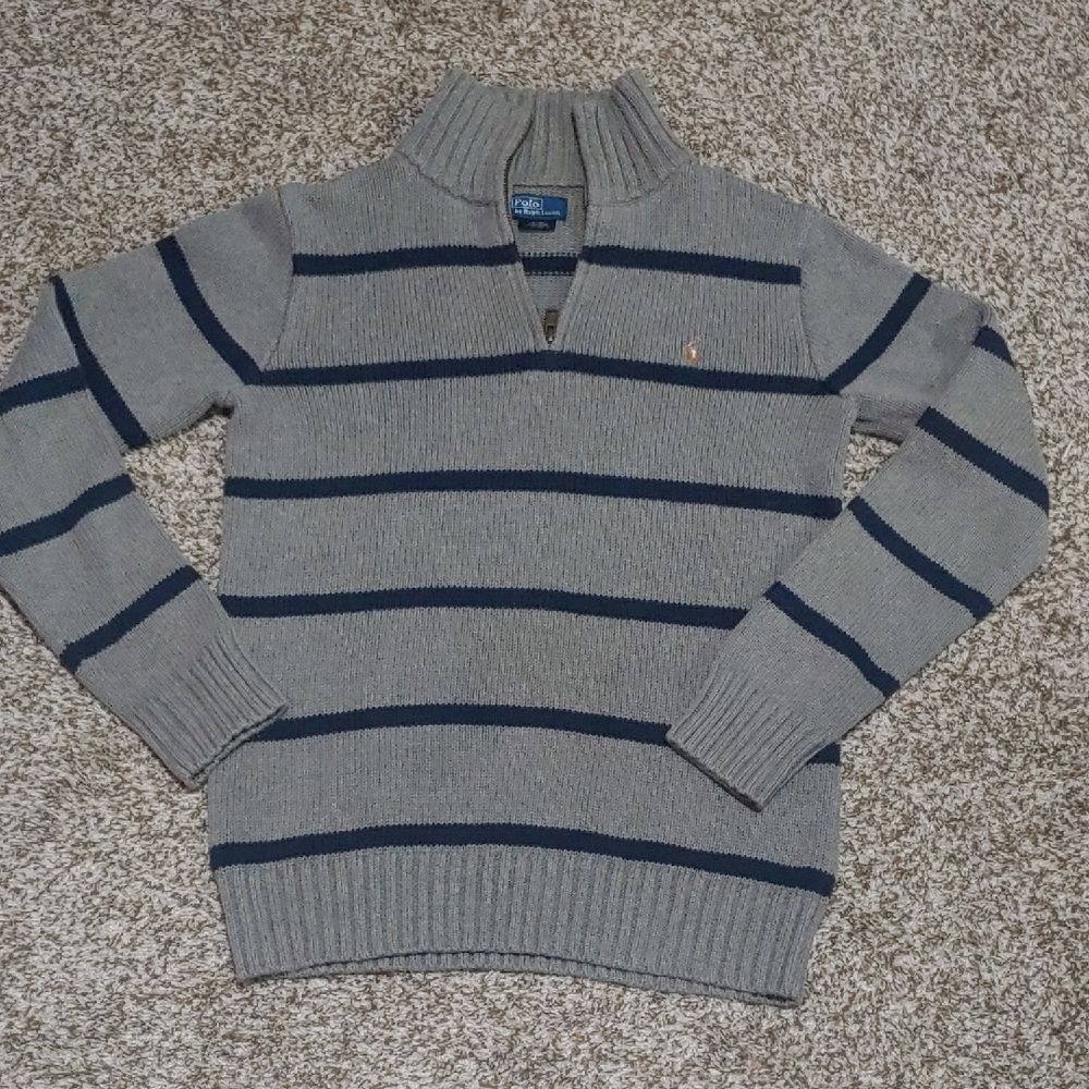 VTG Polo Ralph Lauren Quarter Zip Sweater Gray And Blue Striped Youth Size L